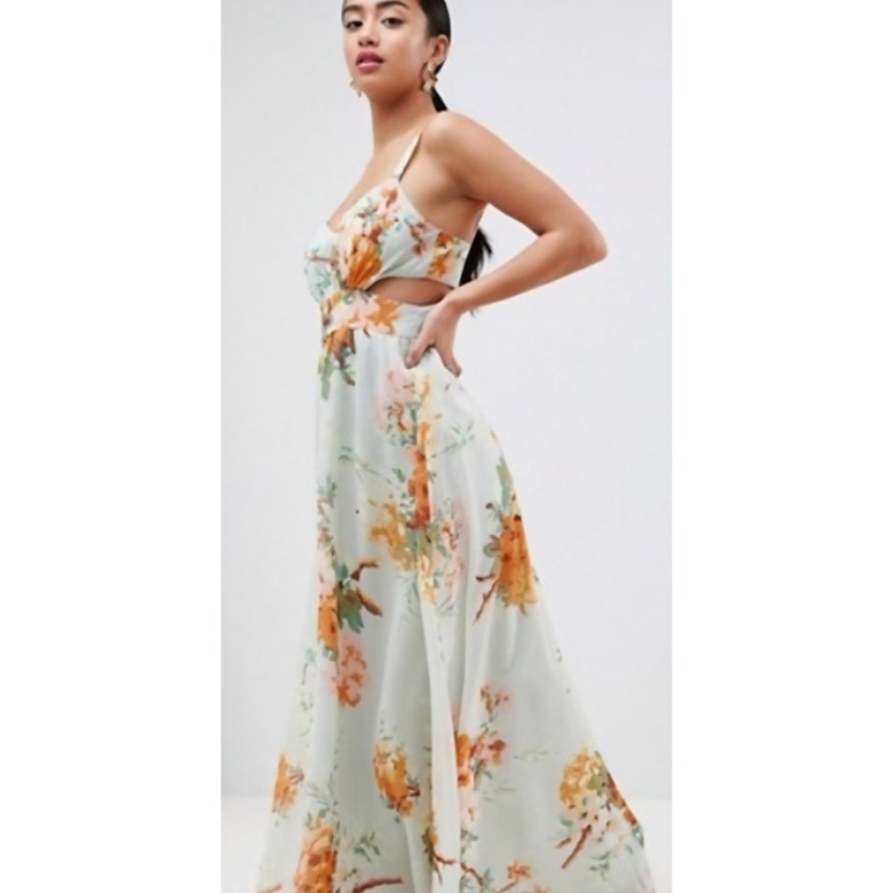 ASOS Floral Maxi Dress Garden Party Wedding Guest Side Cut Out Size‎ 4 Green